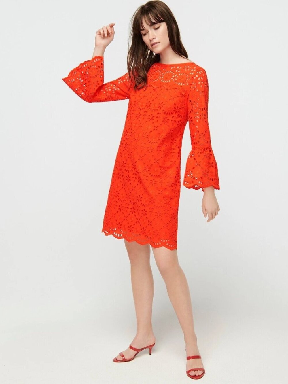 NWT J.CREW Orange Red Embroidered Cotton Eyelet Bell Sleeve Shift Dress, Size 4